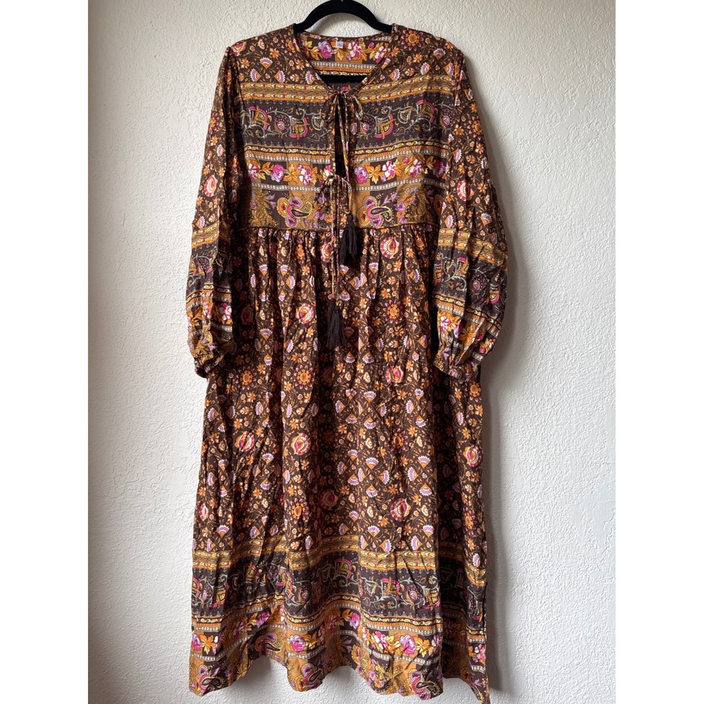 Boho Floral Paisley Tassel Tie Midi Dress Brown Pink Orange Dress